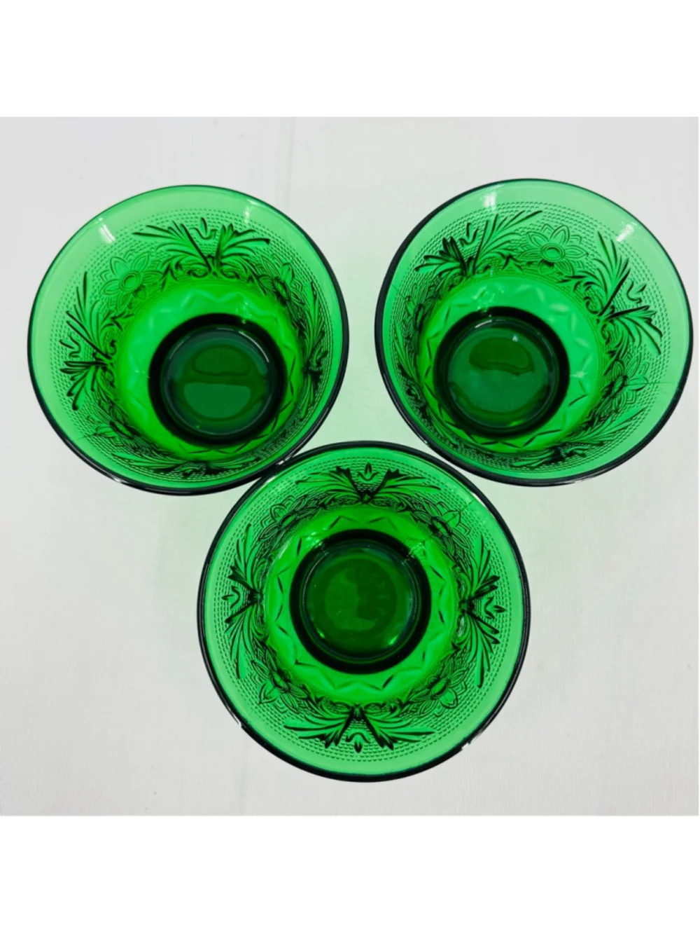 Anchor Hocking Set of 3 Custard Cups Sandwich Pattern Vtg Green Depression Glass